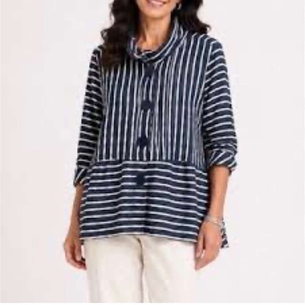 Habitat Navy White Stripe L Button Front Cowl Neck Shirt Jacket Lagenlook Artsy